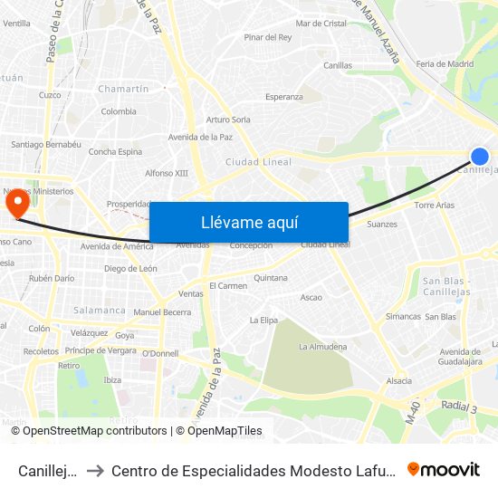 Canillejas to Centro de Especialidades Modesto Lafuente map