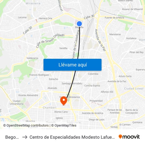 Begoña to Centro de Especialidades Modesto Lafuente map