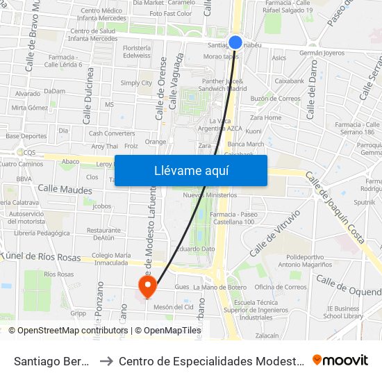 Santiago Bernabéu to Centro de Especialidades Modesto Lafuente map