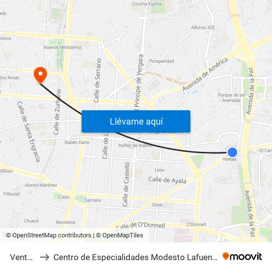 Ventas to Centro de Especialidades Modesto Lafuente map