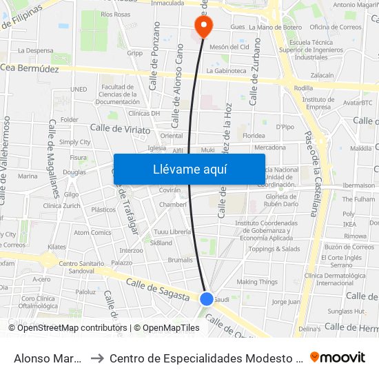 Alonso Martínez to Centro de Especialidades Modesto Lafuente map