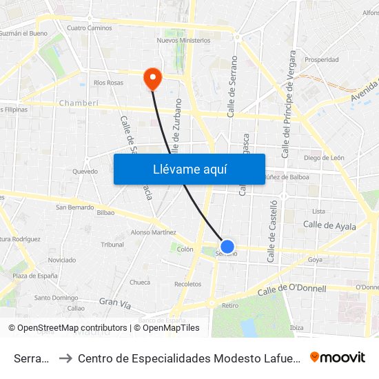 Serrano to Centro de Especialidades Modesto Lafuente map