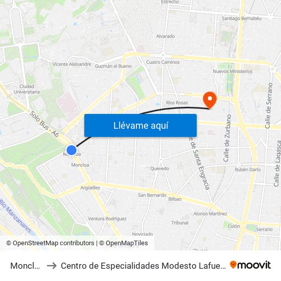 Moncloa to Centro de Especialidades Modesto Lafuente map