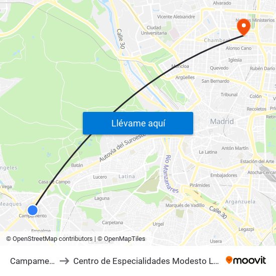 Campamento to Centro de Especialidades Modesto Lafuente map