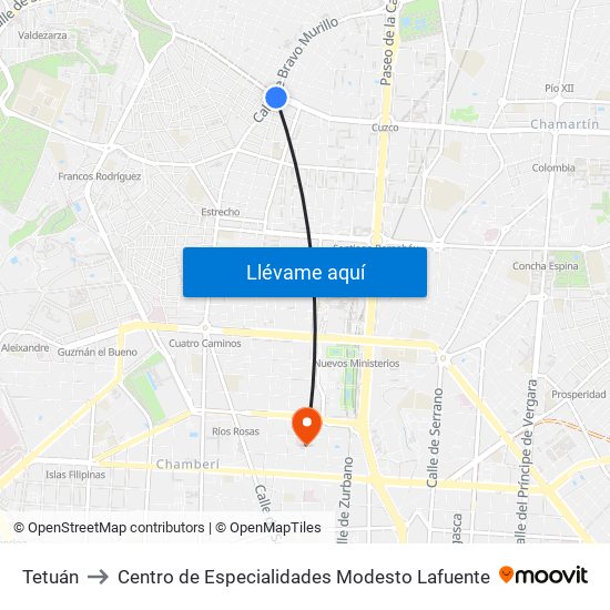 Tetuán to Centro de Especialidades Modesto Lafuente map
