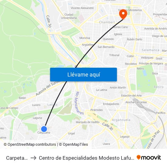 Carpetana to Centro de Especialidades Modesto Lafuente map