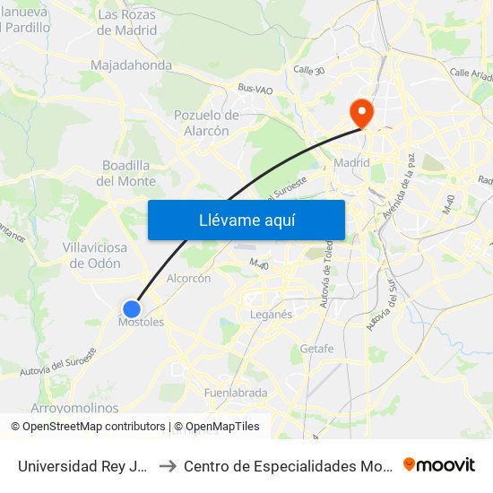 Universidad Rey Juan Carlos to Centro de Especialidades Modesto Lafuente map