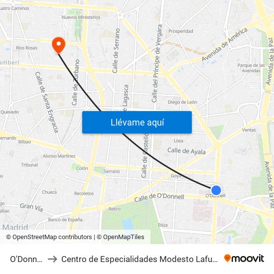 O'Donnell to Centro de Especialidades Modesto Lafuente map
