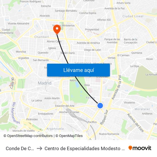 Conde De Casal to Centro de Especialidades Modesto Lafuente map