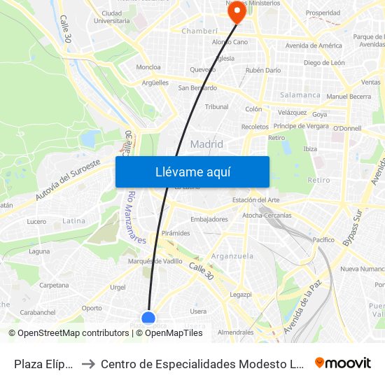 Plaza Elíptica to Centro de Especialidades Modesto Lafuente map
