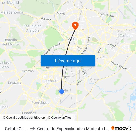 Getafe Central to Centro de Especialidades Modesto Lafuente map