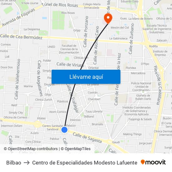 Bilbao to Centro de Especialidades Modesto Lafuente map