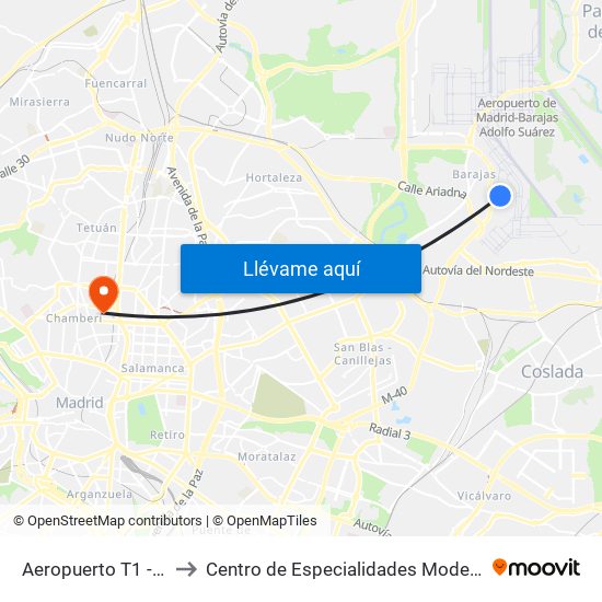 Aeropuerto T1 - T2 - T3 to Centro de Especialidades Modesto Lafuente map