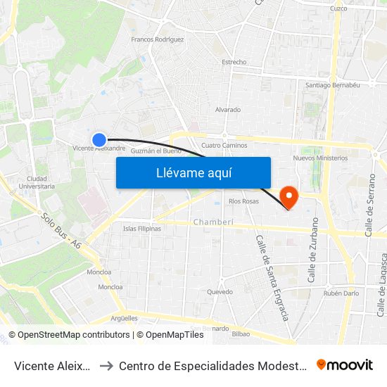 Vicente Aleixandre to Centro de Especialidades Modesto Lafuente map