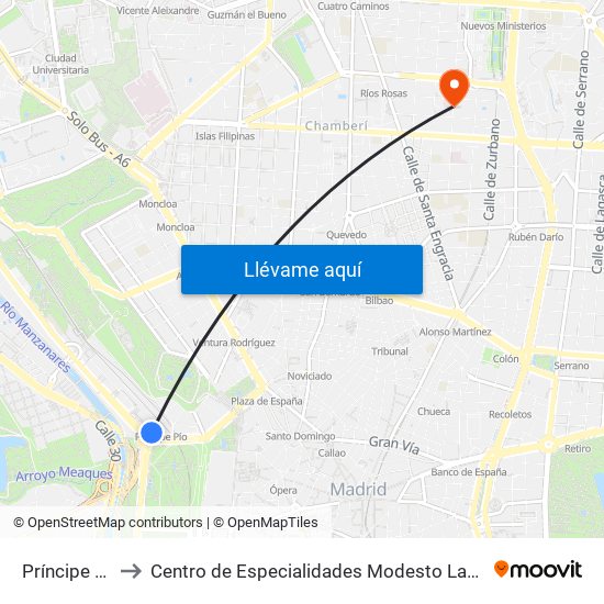 Príncipe Pío to Centro de Especialidades Modesto Lafuente map