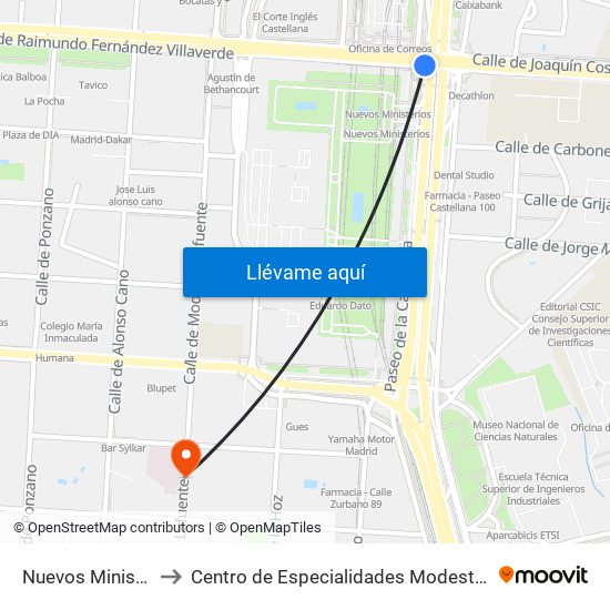 Nuevos Ministerios to Centro de Especialidades Modesto Lafuente map