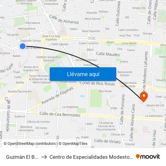 Guzmán El Bueno to Centro de Especialidades Modesto Lafuente map
