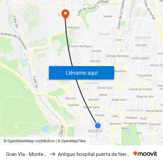 Gran Vía - Montera to Antiguo hospital puerta de hierro map