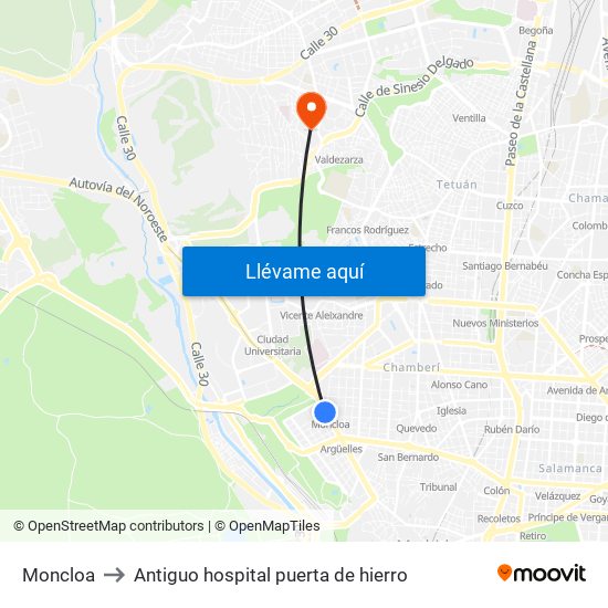 Moncloa to Antiguo hospital puerta de hierro map