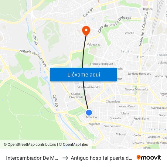 Intercambiador De Moncloa to Antiguo hospital puerta de hierro map