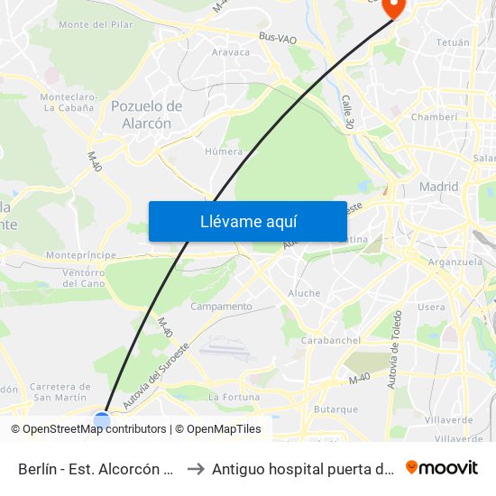 Berlín - Est. Alcorcón Central to Antiguo hospital puerta de hierro map