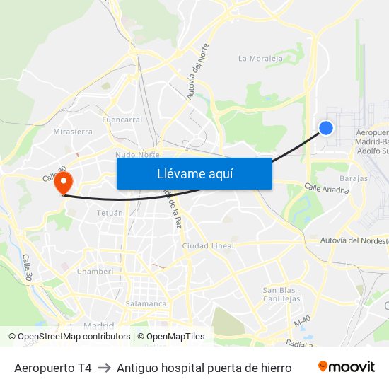 Aeropuerto T4 to Antiguo hospital puerta de hierro map