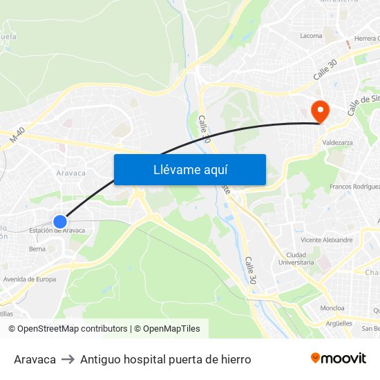 Aravaca to Antiguo hospital puerta de hierro map