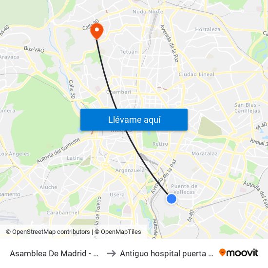 Asamblea De Madrid - Entrevías to Antiguo hospital puerta de hierro map