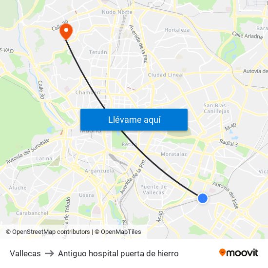 Vallecas to Antiguo hospital puerta de hierro map