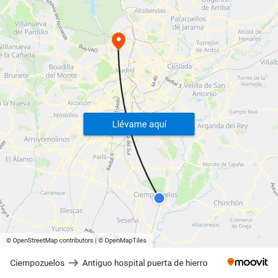 Ciempozuelos to Antiguo hospital puerta de hierro map