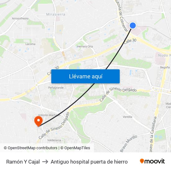 Ramón Y Cajal to Antiguo hospital puerta de hierro map