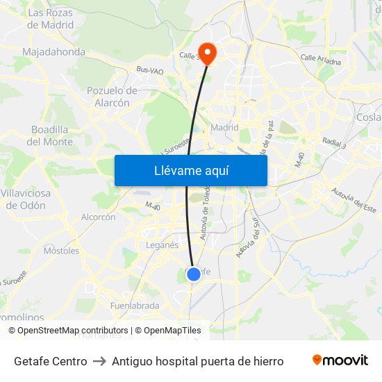 Getafe Centro to Antiguo hospital puerta de hierro map