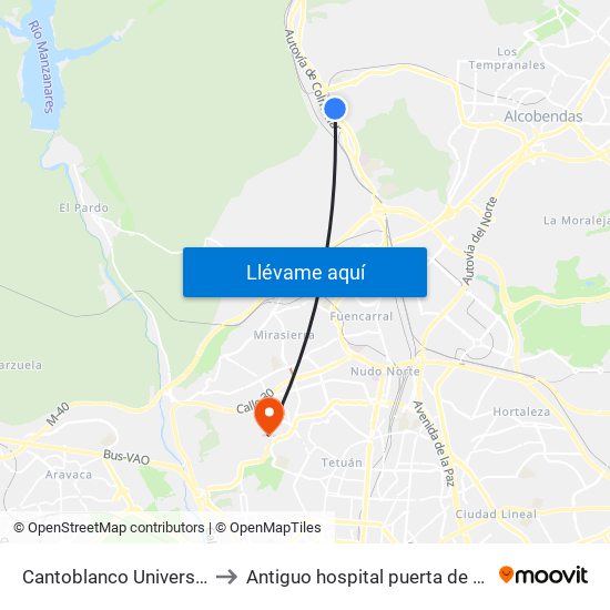 Cantoblanco Universidad to Antiguo hospital puerta de hierro map