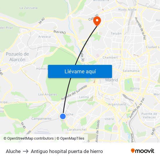Aluche to Antiguo hospital puerta de hierro map