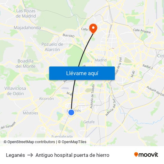 Leganés to Antiguo hospital puerta de hierro map