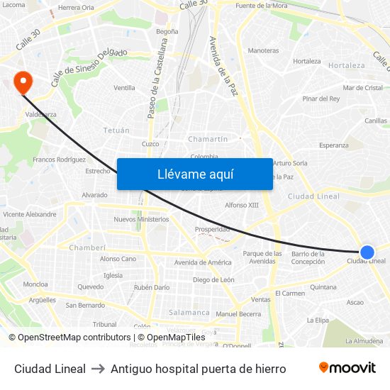 Ciudad Lineal to Antiguo hospital puerta de hierro map