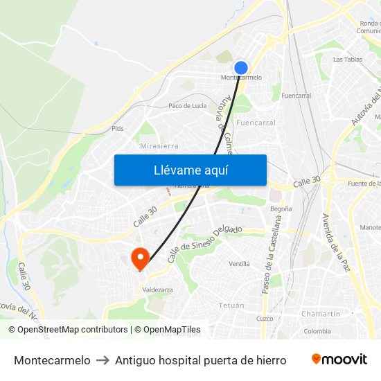 Montecarmelo to Antiguo hospital puerta de hierro map