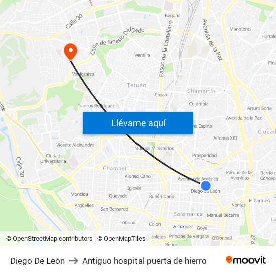 Diego De León to Antiguo hospital puerta de hierro map