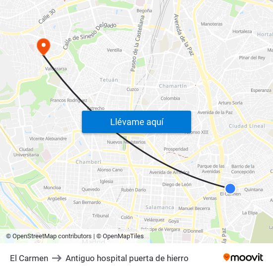 El Carmen to Antiguo hospital puerta de hierro map