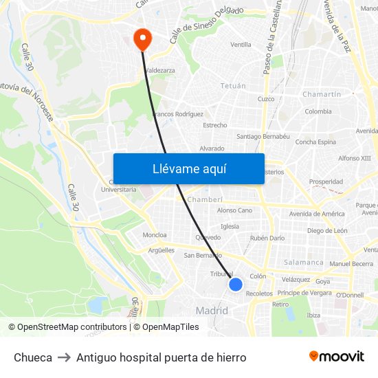 Chueca to Antiguo hospital puerta de hierro map
