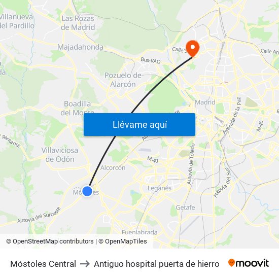 Móstoles Central to Antiguo hospital puerta de hierro map