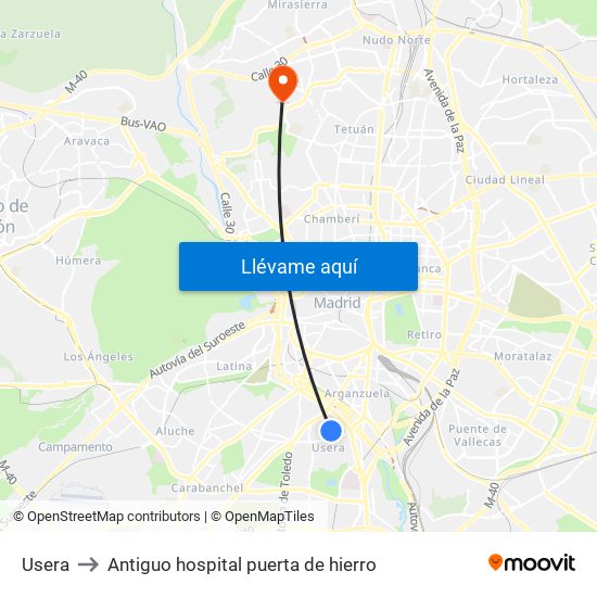 Usera to Antiguo hospital puerta de hierro map