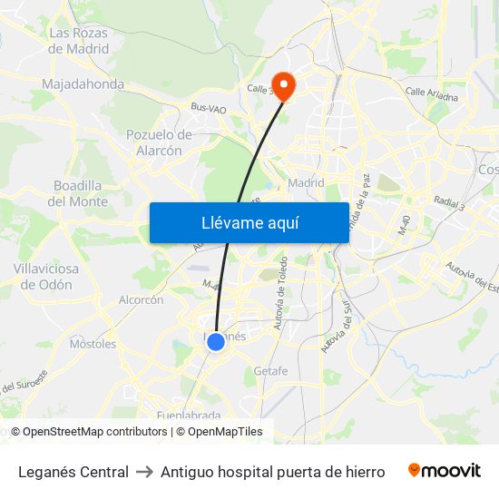 Leganés Central to Antiguo hospital puerta de hierro map