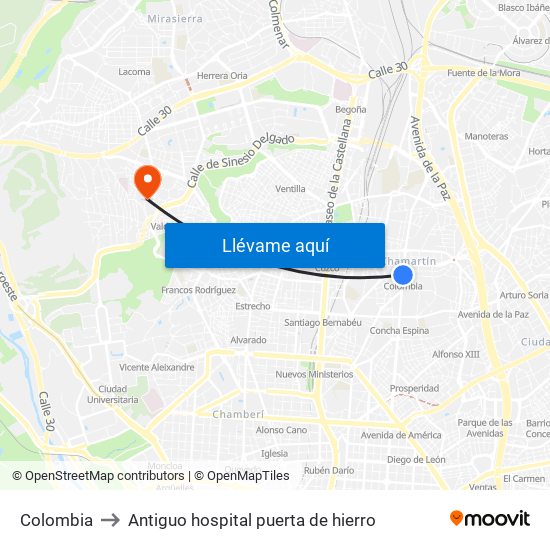 Colombia to Antiguo hospital puerta de hierro map
