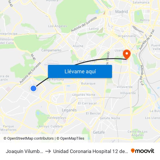 Joaquín Vilumbrales to Unidad Coronaria Hospital 12 de Octubre map