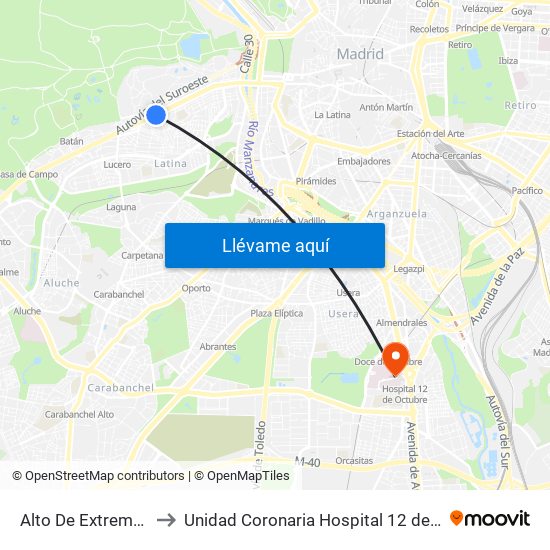 Alto De Extremadura to Unidad Coronaria Hospital 12 de Octubre map