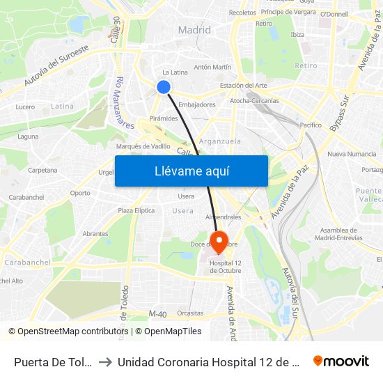 Puerta De Toledo to Unidad Coronaria Hospital 12 de Octubre map