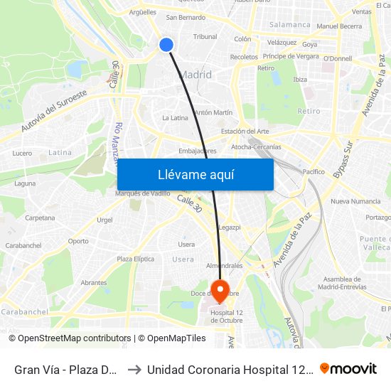 Gran Vía - Plaza De España to Unidad Coronaria Hospital 12 de Octubre map