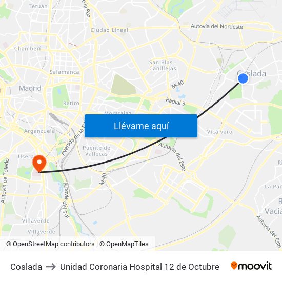 Coslada to Unidad Coronaria Hospital 12 de Octubre map