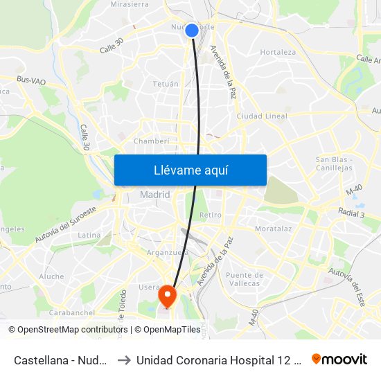 Castellana - Nudo Norte to Unidad Coronaria Hospital 12 de Octubre map